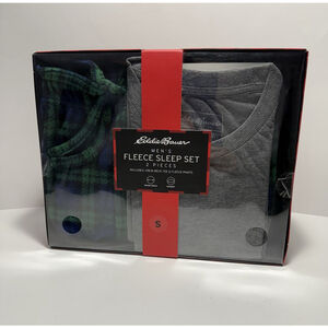 NEW Eddie Bauer Men's 2 piece Fleece Sleep Set Green Plaid Grey Crew Neck Small